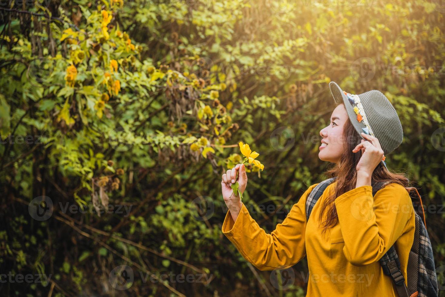 natura turistica asiatica, rilassante godendo della fresca bellezza del fiore. lei sorrise e raccolse a mano un fiore giallo di bua tong. foto