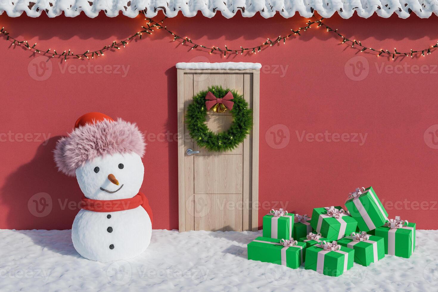 facciata con decorazioni natalizie, pupazzo di neve e regali foto