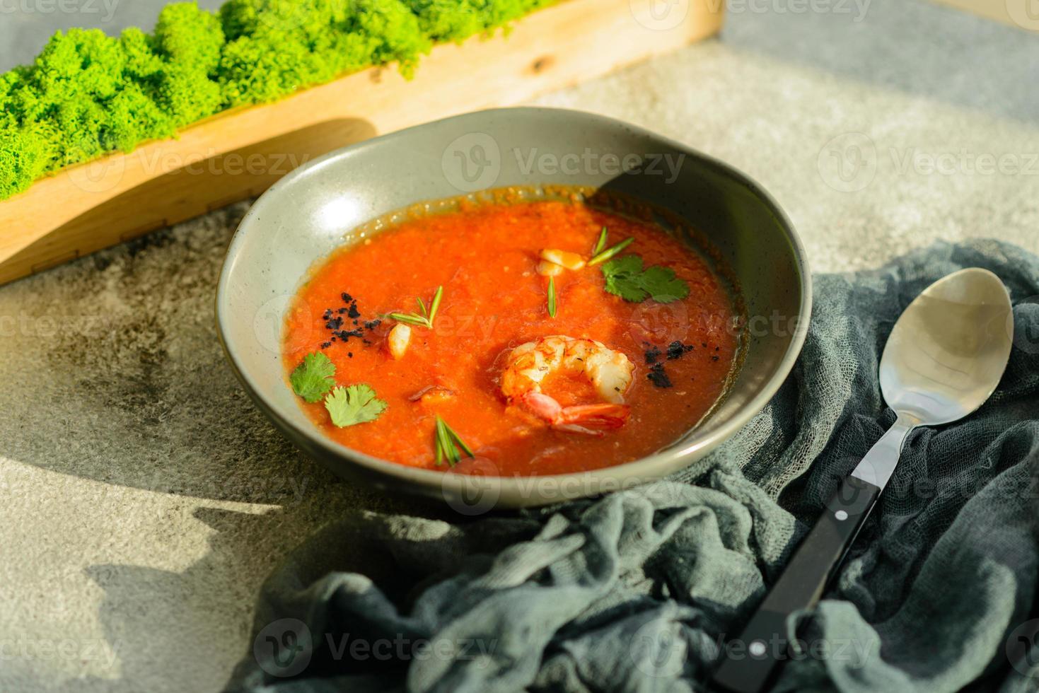 primo piano di una zuppa di verdure fredda spagnola gazpacho foto