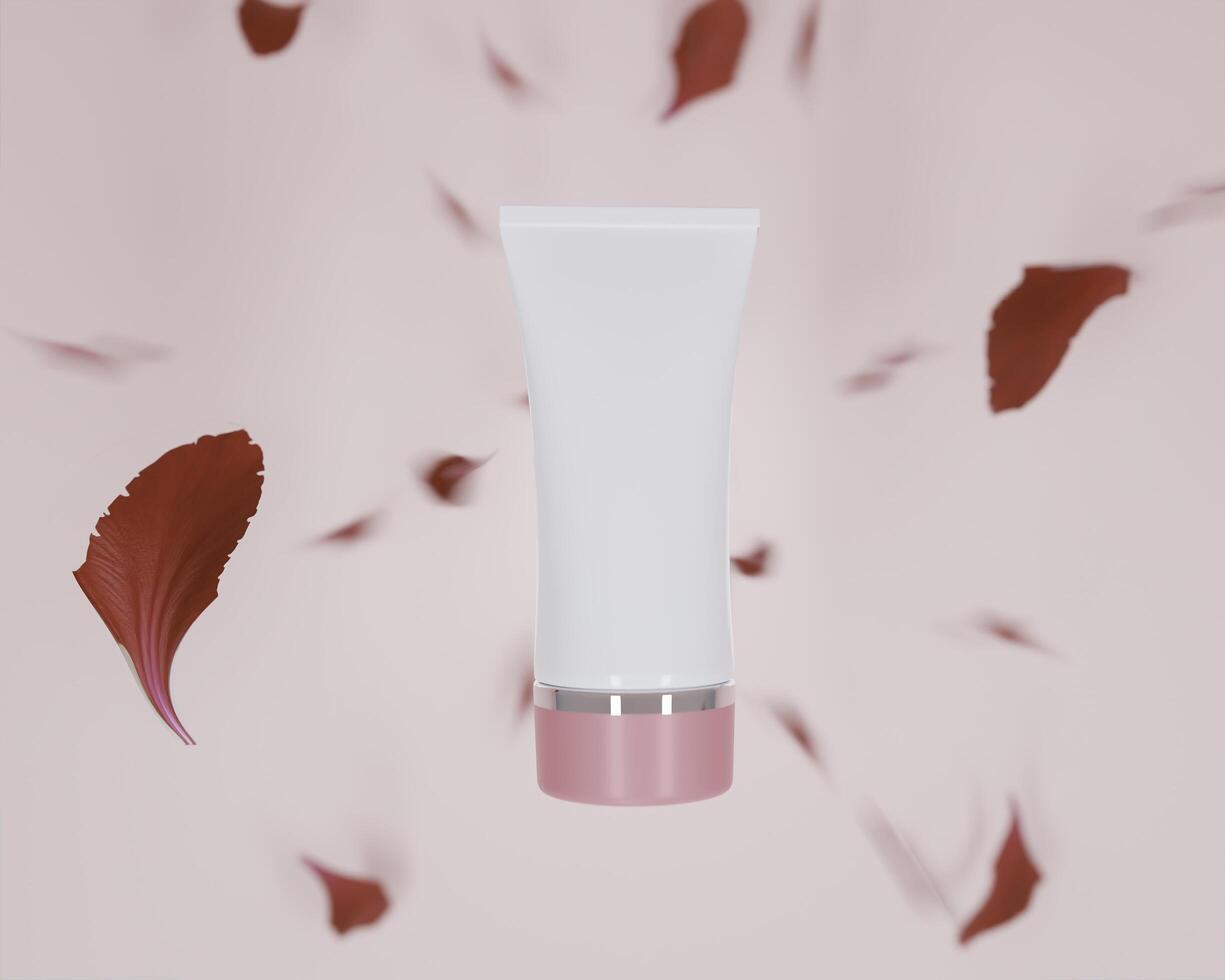 spremere il tubo per applicare crema o cosmetici su uno sfondo rosa pastello. foto
