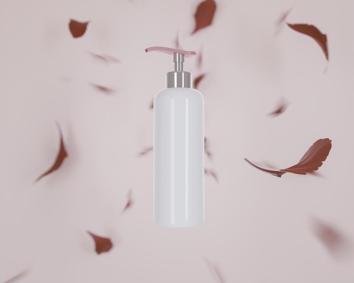 bottiglia di crema o pompa di profumo posizionata su sfondo rosa e petali di fiori, stile 3d foto