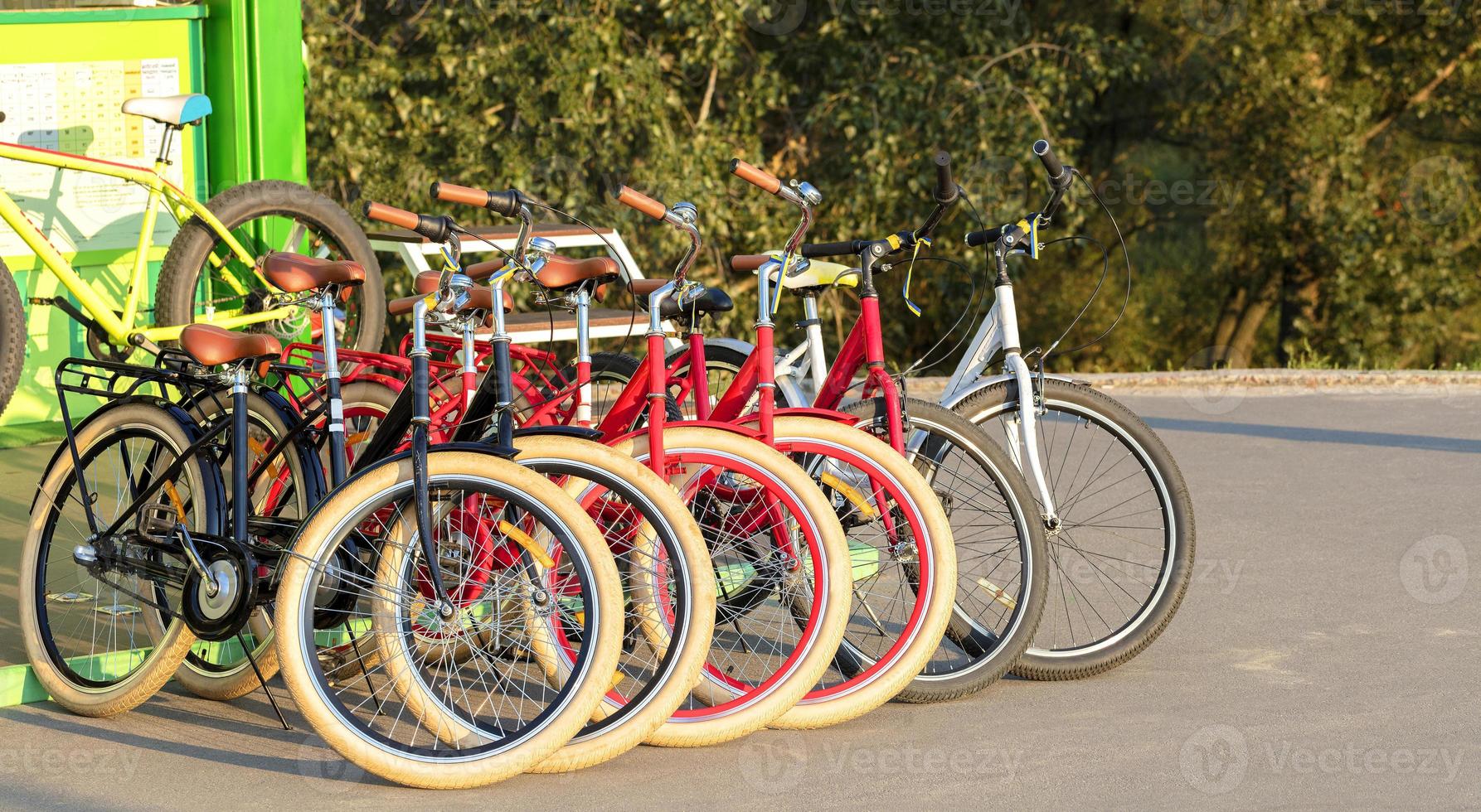 gruppo di biciclette colorate parcheggiate insieme in un primo piano del parcheggio foto