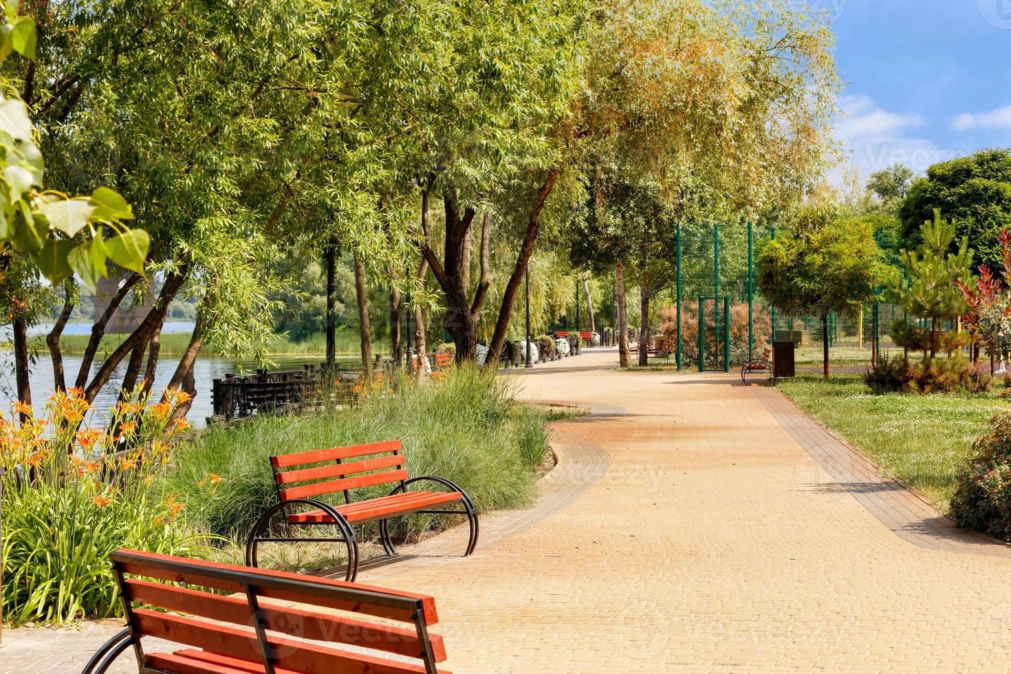 panche di legno sull'argine dnipo lungo il sentiero acciottolato del parco verde della città in una giornata estiva. foto