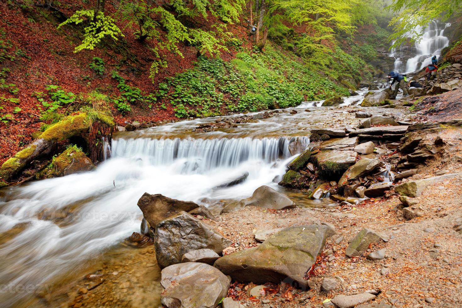 il fiume di montagna in primavera porta frescura e freschezza tra il fogliame verde. foto