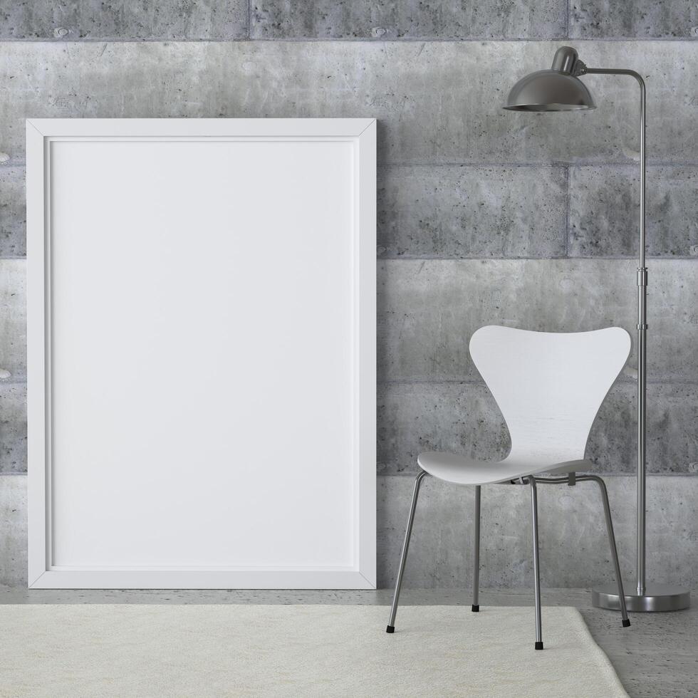 mock up del telaio del poster nel pavimento in legno interni moderni accanto alla sedia in soggiorno isolato su sfondo chiaro, 3D render, 3d illustrazione foto