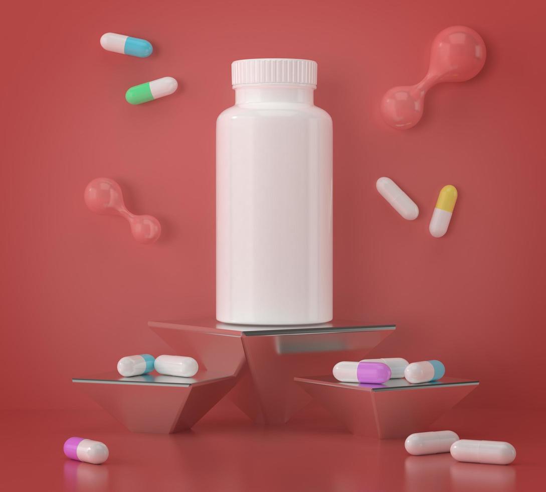 una bottiglia di plastica bianca per medicinali su sfondo rosso foto