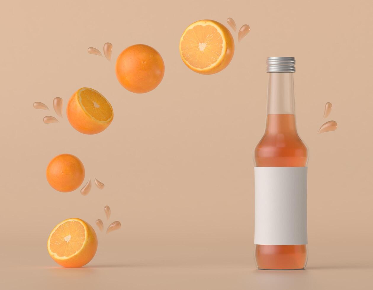 una bottiglia usata per confezionare il succo d'arancia con le arance. foto