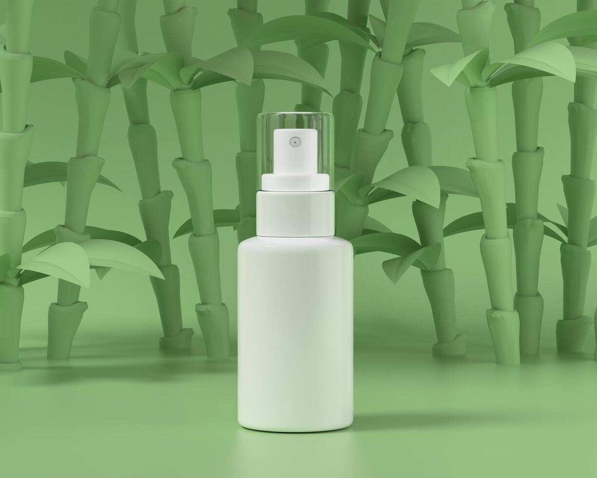 tubo spray per medicinali o cosmetici su sfondo verde e bambù foto