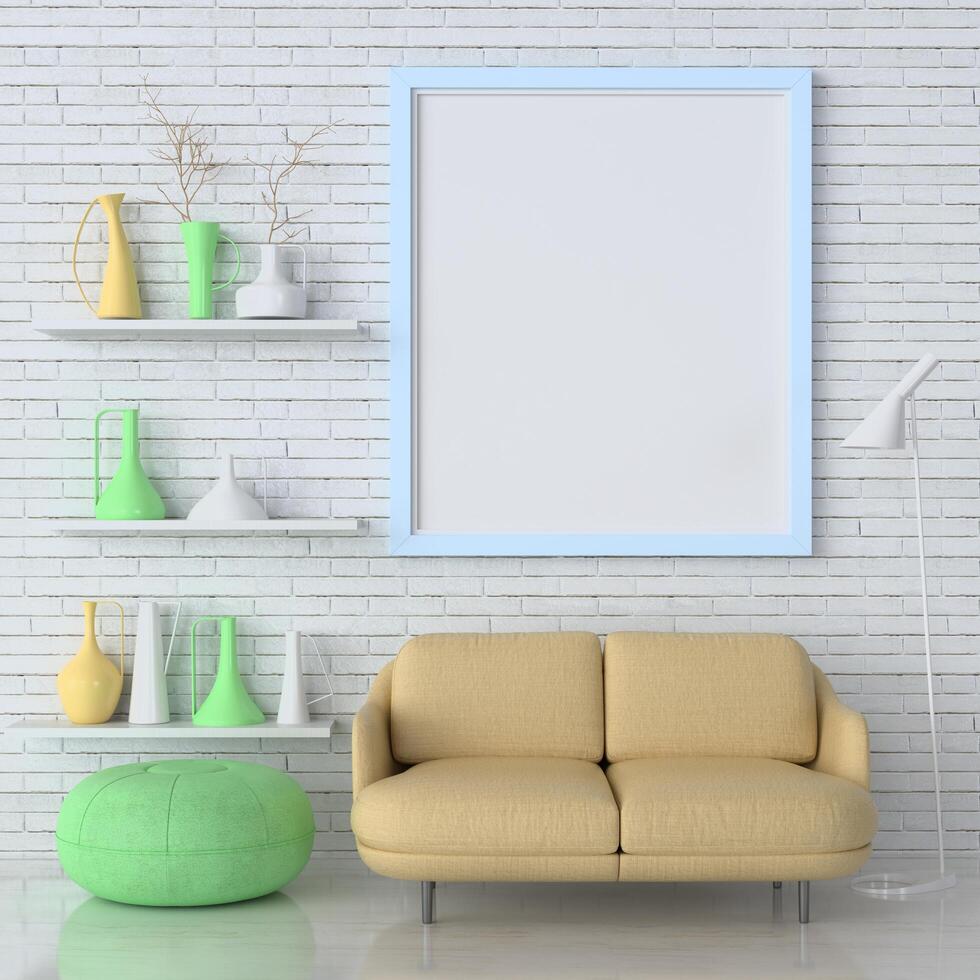 mock up del telaio del poster nel pavimento in legno interni moderni dietro al divano nel soggiorno isolato su sfondo luminoso, 3d render, 3d illustrazione foto