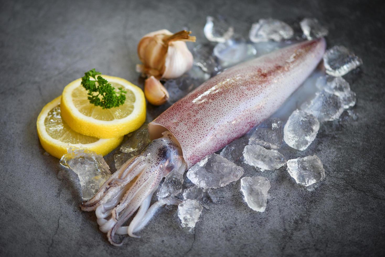 calamari crudi su ghiaccio con spezie per insalata aglio limone sullo sfondo del piatto scuro - calamari freschi polpi o seppie per cibo cotto al ristorante o al mercato dei frutti di mare foto