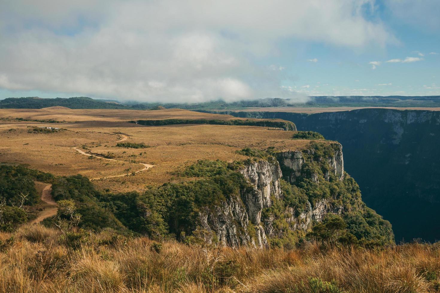 fortaleza canyon formato da ripide scogliere rocciose con foresta e altopiano pianeggiante coperto da cespugli secchi vicino a cambara do sul. una piccola cittadina di campagna nel sud del Brasile con incredibili attrazioni turistiche naturali. foto