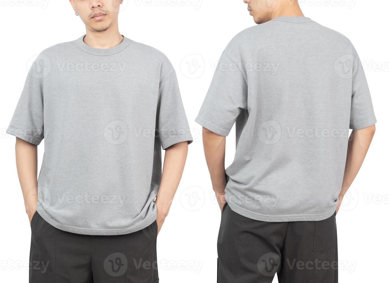 giovane in grigio oversize t-shirt mockup anteriore e posteriore utilizzato come modello di progettazione, isolato su sfondo bianco con tracciato di ritaglio foto