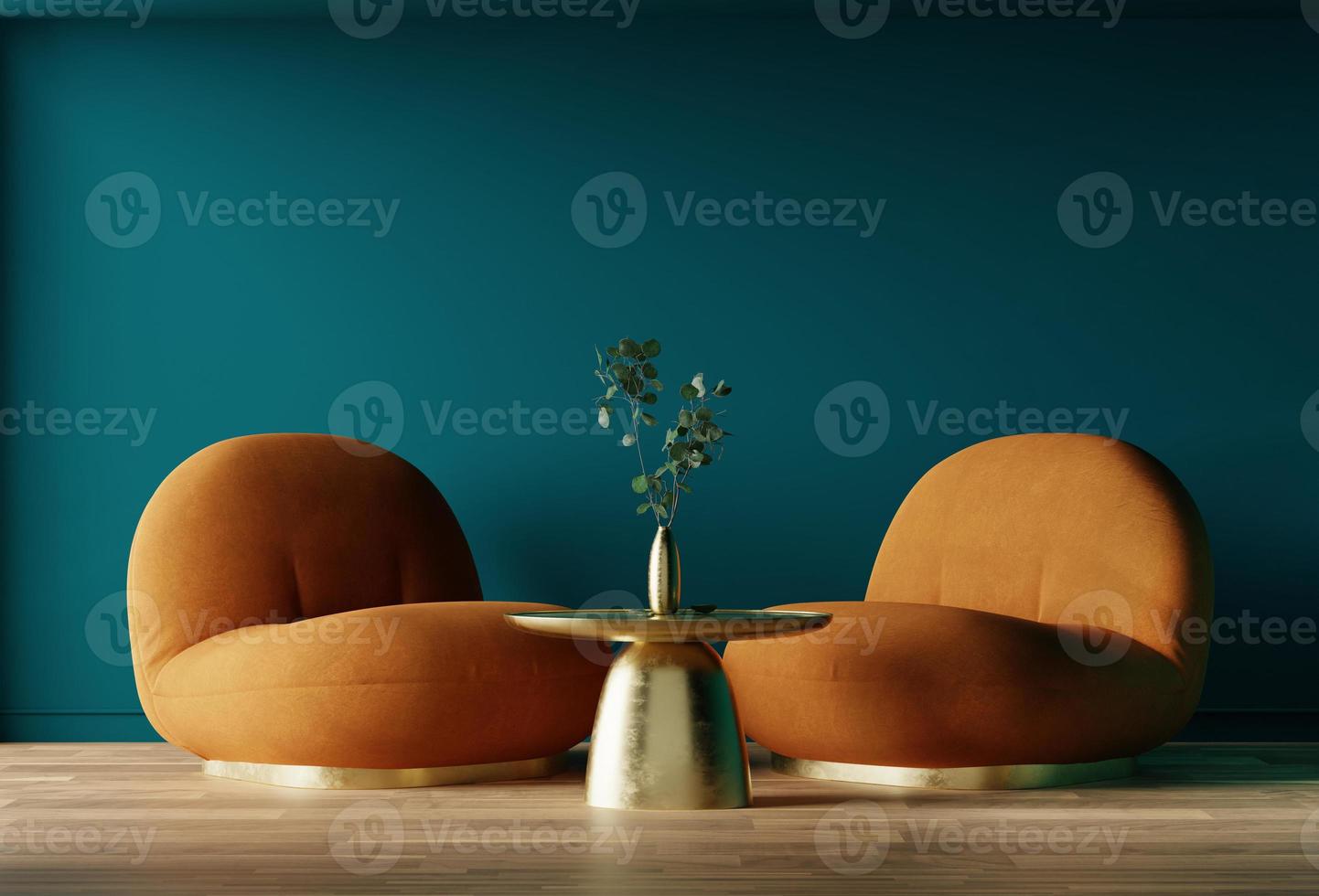 soggiorno scandinavo blu, con poltrona marrone e tavolo dorato. rendering 3d foto