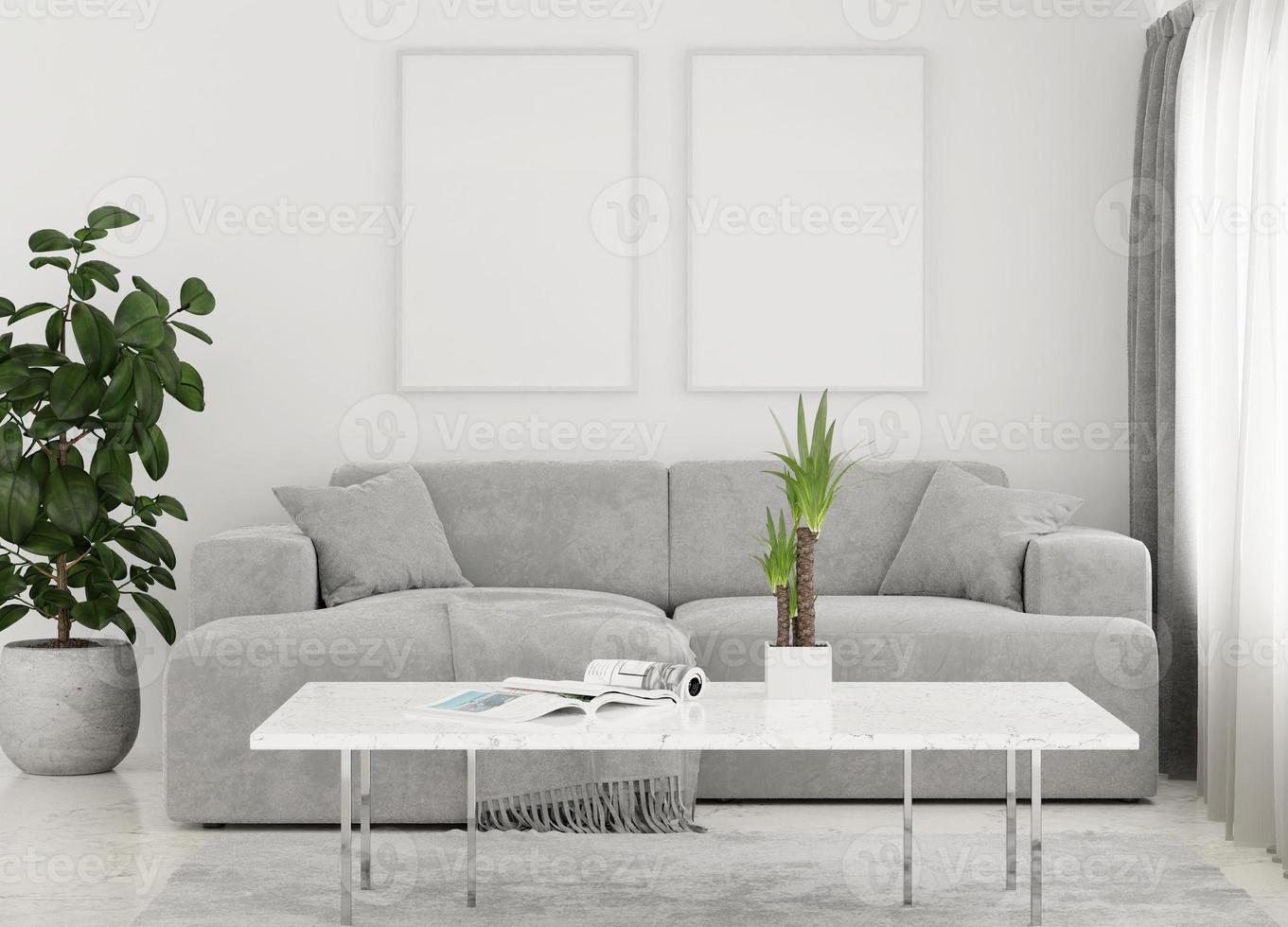 mockup di foto con cornice in tela in una stanza pulita e minimalista con divano marrone e rendering 3d di piante