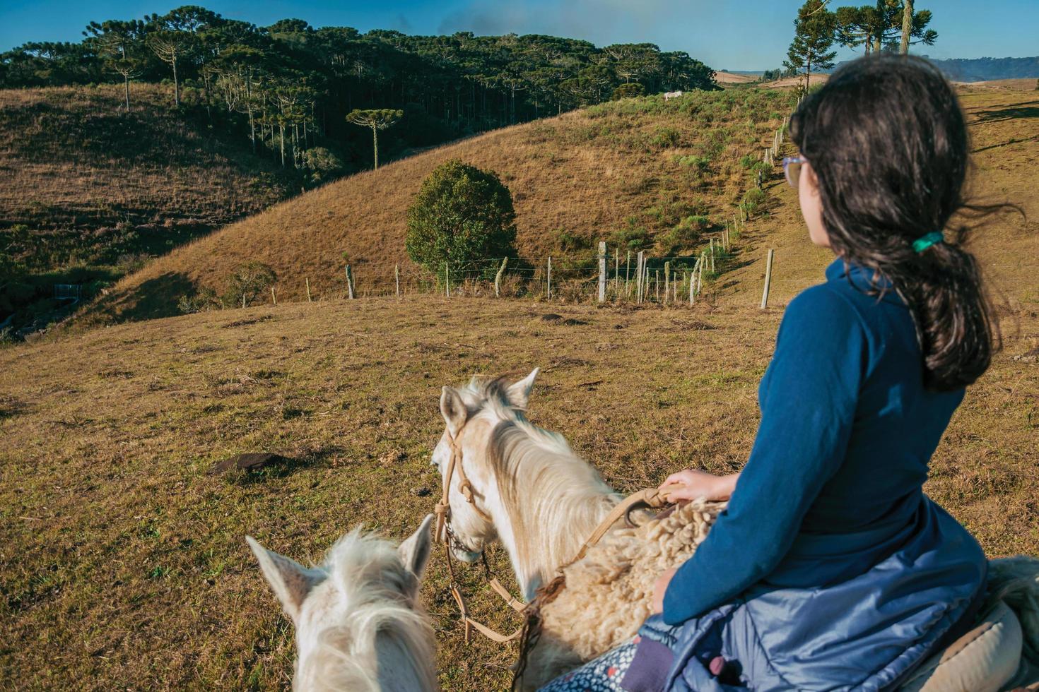 cambara do sul, brasile - 18 luglio 2019. ragazza a cavallo in un paesaggio di pianure rurali con colline chiamate pampa vicino a cambara do sul. un piccolo paese rurale con incredibili attrazioni turistiche naturali. foto