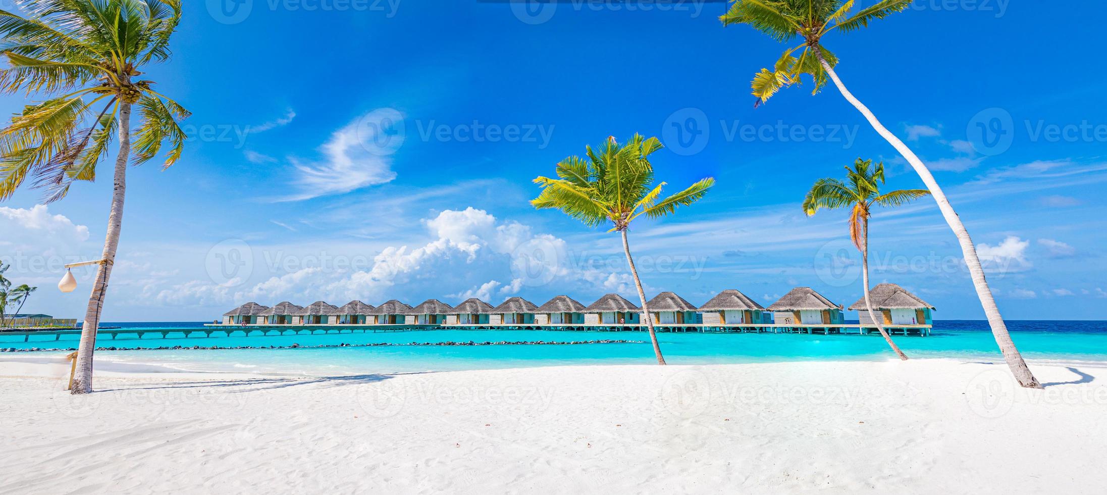 incredibile panorama alle maldive. ville resort di lusso vista sul mare con palme, sabbia bianca e cielo blu. bellissimo paesaggio estivo. incredibile sfondo della spiaggia per le vacanze. concetto di isola paradisiaca foto