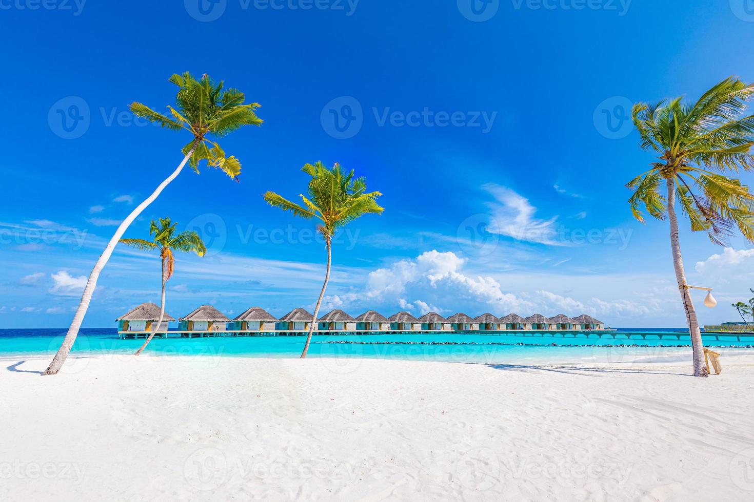 incredibile panorama alle maldive. ville resort di lusso vista sul mare con palme, sabbia bianca e cielo blu. bellissimo paesaggio estivo. incredibile sfondo della spiaggia per le vacanze. concetto di isola paradisiaca foto