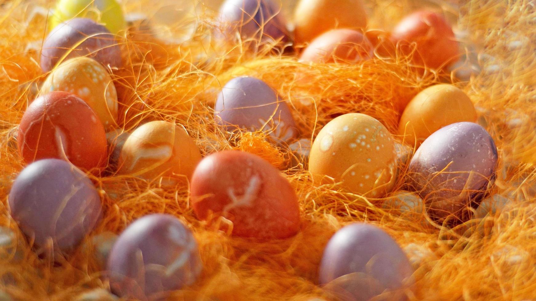 uova di pasqua dipinte multicolori in rete decorativa. foto