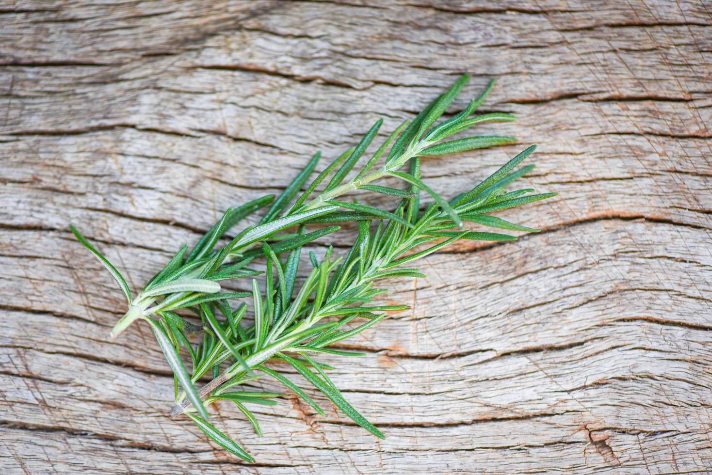 rosmarino fresco sul tavolo di legno sfondo - foglia verde rosmarino pianta erbe e cibo foto