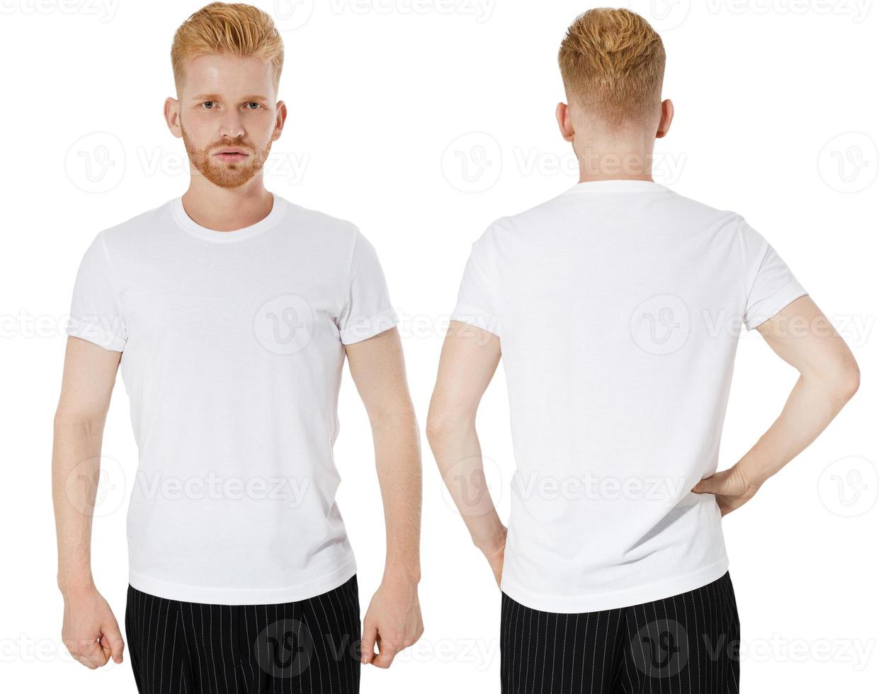 t-shirt bianca su un uomo barbuto isolato, mockup di t-shirt anteriore e posteriore foto