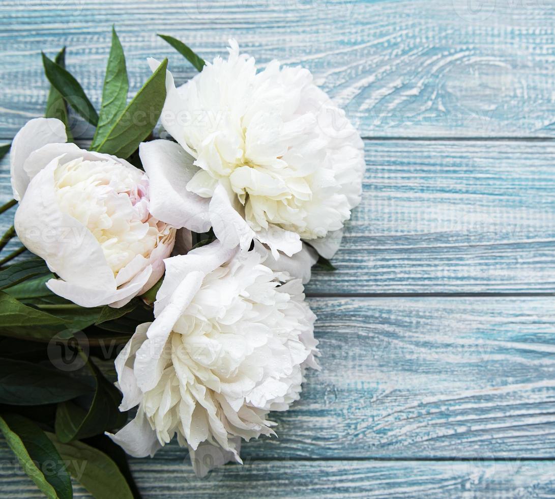 fiori di peonia su uno sfondo di legno blu foto