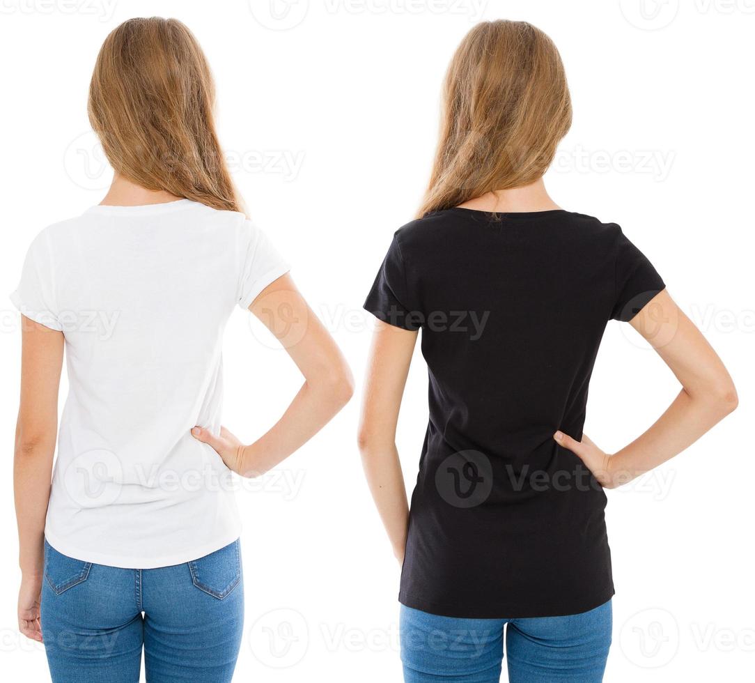 vista posteriore donna in t-shirt bianca e nera isolata, set t-shirt foto