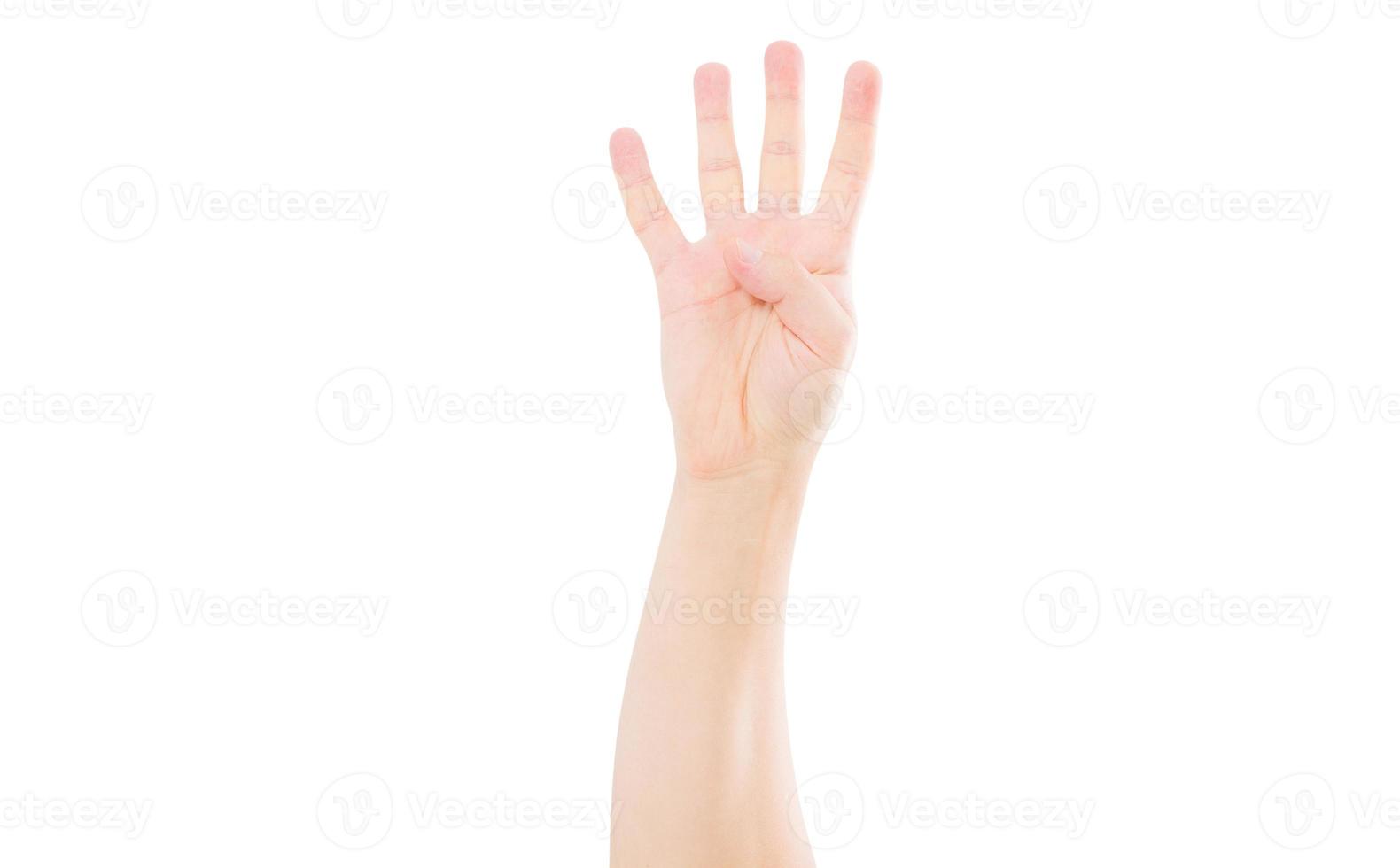 la mano maschile mostra il numero quattro isolato su sfondo bianco foto