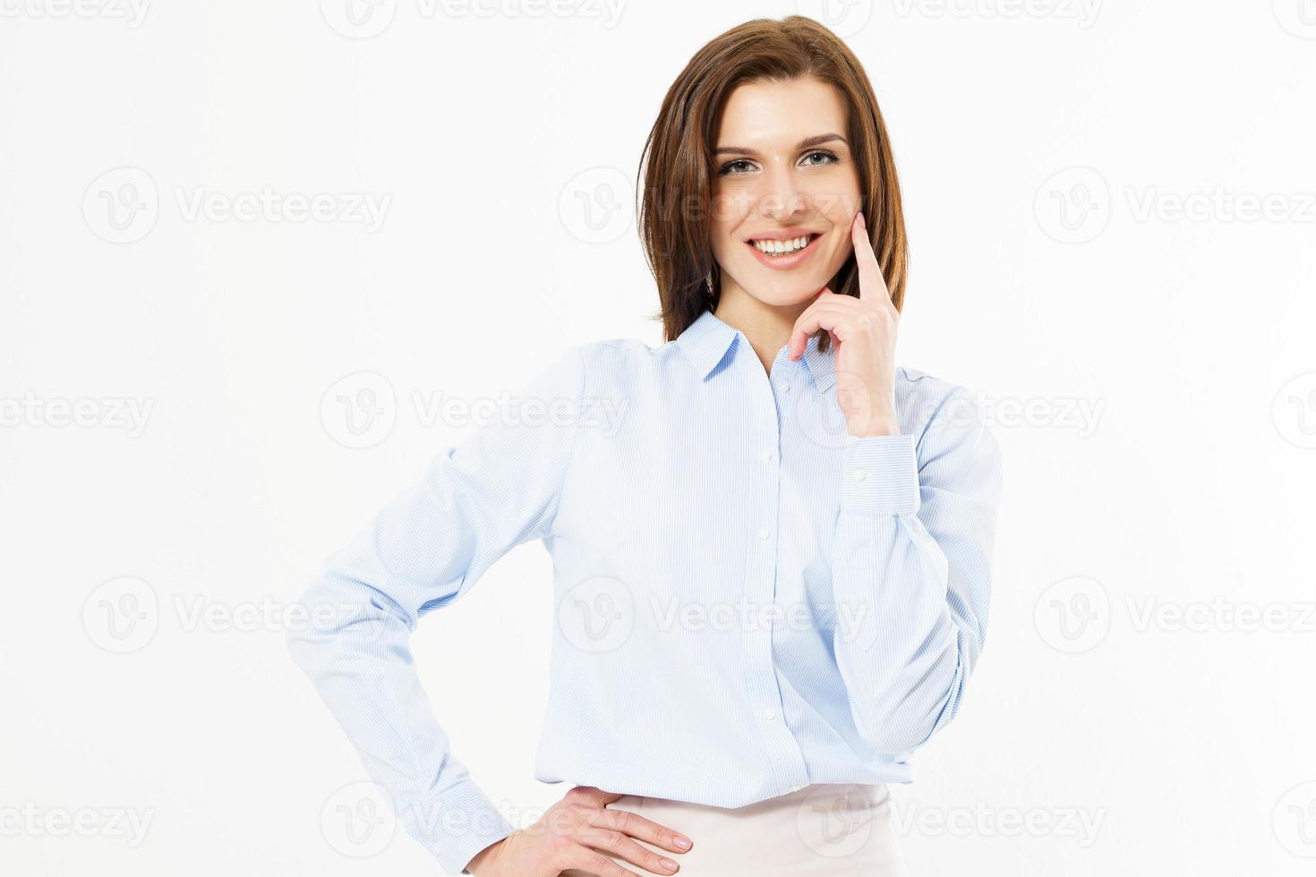 elegante bella signora d'affari isolata su sfondo bianco. ritratto di donna d'affari. donna felice in abito camicia sorriso foto