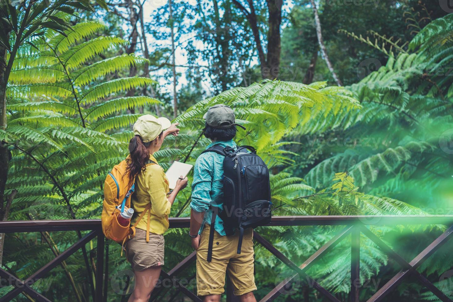 coppia asiatica viaggio natura camminando rilassarsi e studiare la natura in primo piano. foto