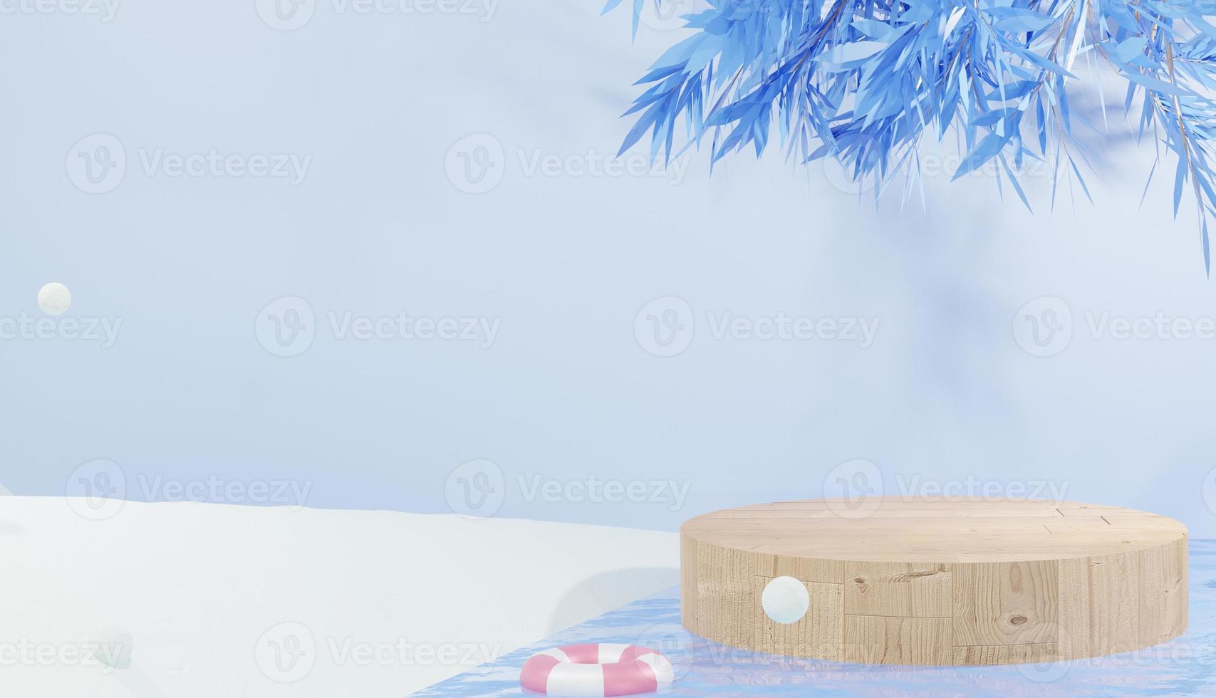 3d rendering podio in legno sull'acqua circondato da neve, tema invernale foto