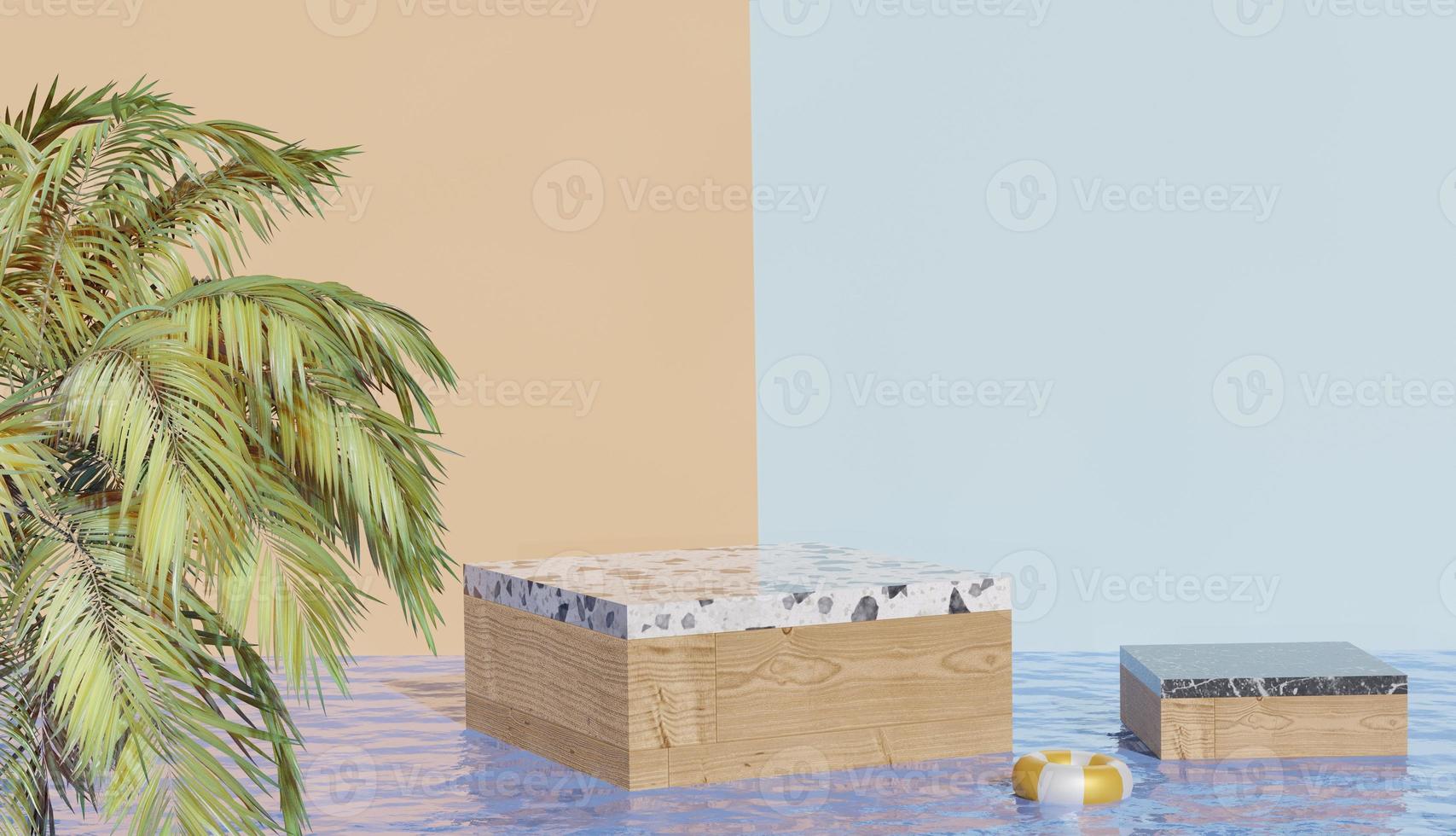 sfondo di presentazione del prodotto di rendering 3d con terrazzo e podio con foglie di cocco sull'acqua, tema primaverile foto