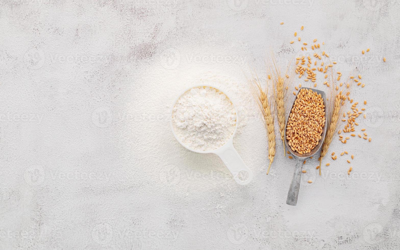 gli ingredienti per l'impasto della pizza fatta in casa con spighe di grano, farina di frumento e olio d'oliva su fondo di cemento bianco. vista dall'alto e copia spazio. foto