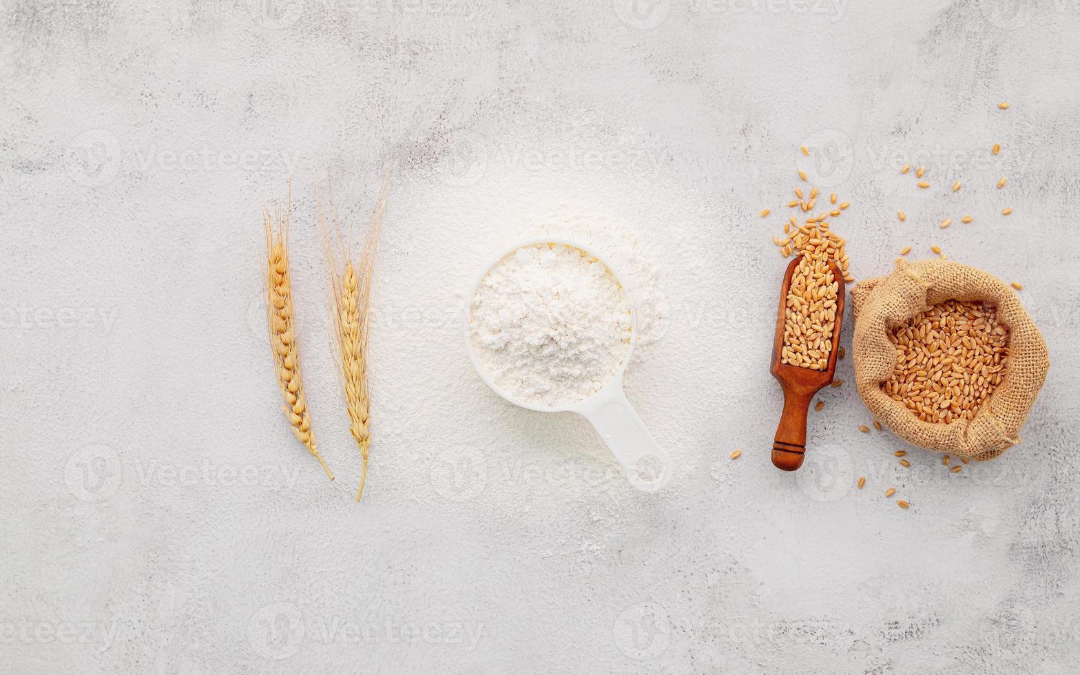 gli ingredienti per l'impasto della pizza fatta in casa con spighe di grano, farina di frumento e olio d'oliva su fondo di cemento bianco. vista dall'alto e copia spazio. foto