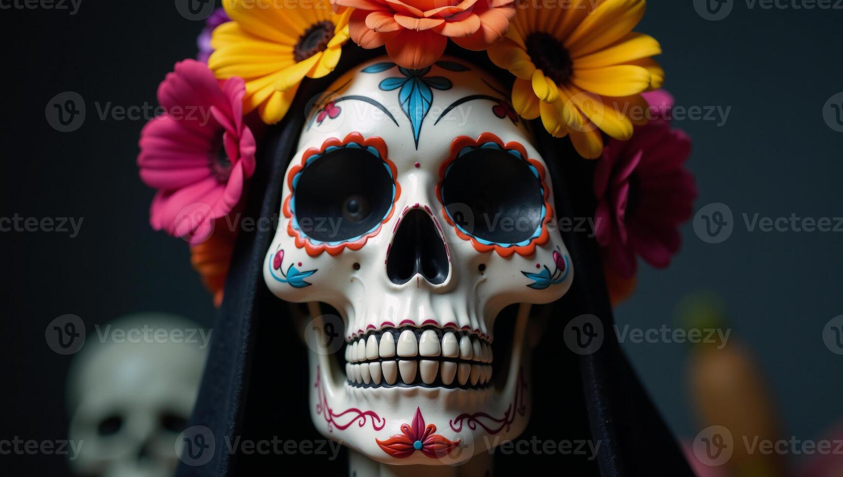 messicano zucchero teschio raffigurazione di la Santa muerte come un' floreale Calavera truce mietitrice figura foto