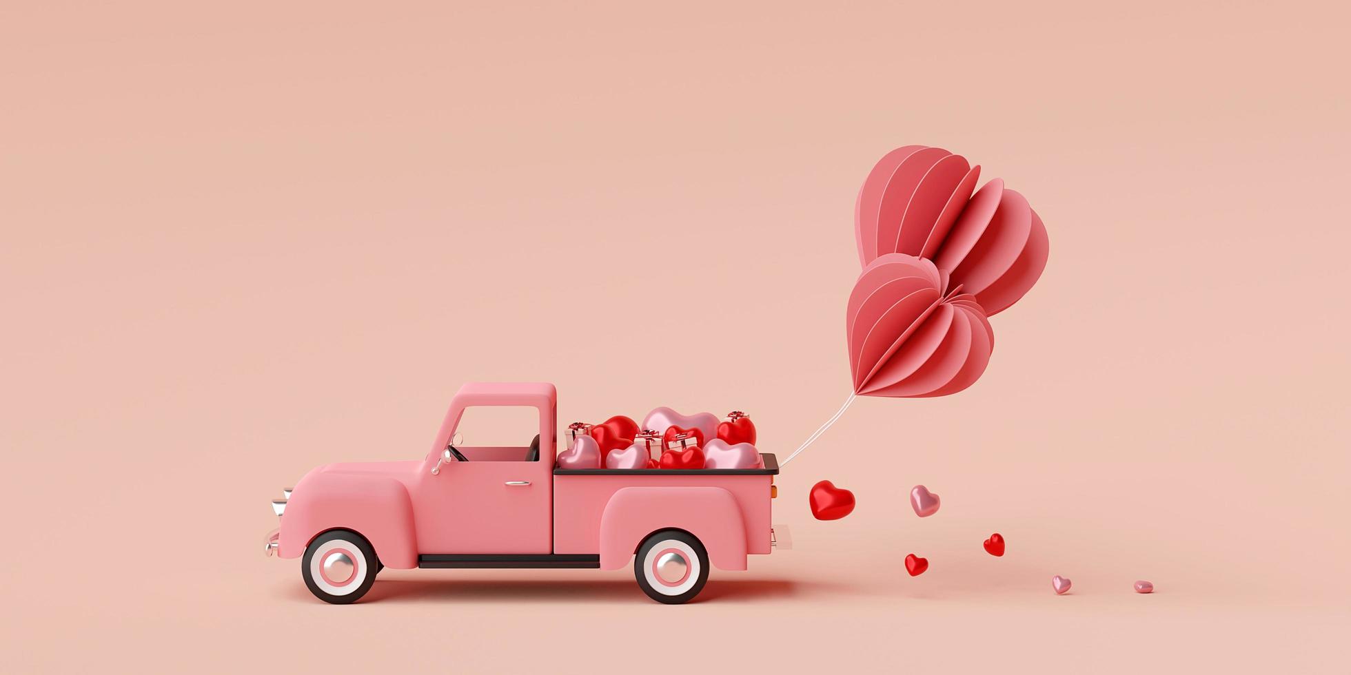San Valentino banner sfondo del camion pieno di palloncino a forma di cuore con confezione regalo, rendering 3d foto