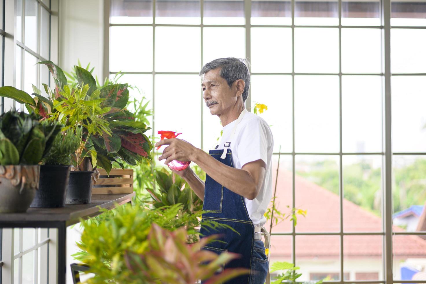 felice anziano asiatico pensionato che spruzza e annaffia l'albero gode di attività ricreative a casa foto