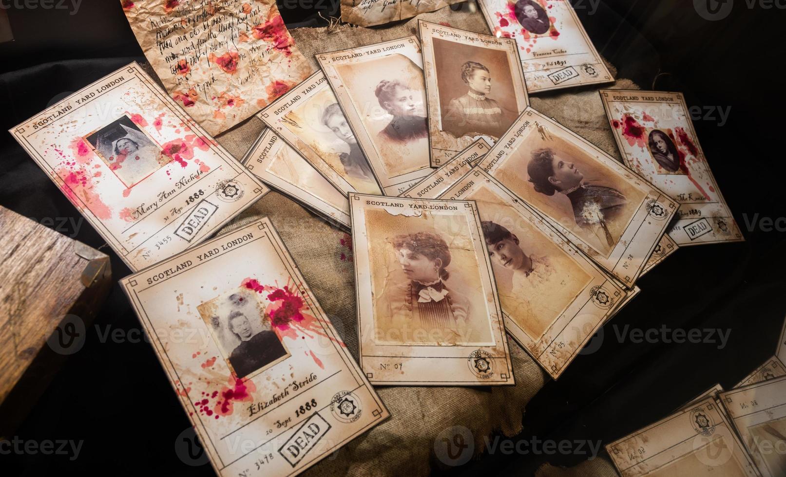 Jack the Ripper vittime, Scotland Yard, 1888. L'assassino ha ucciso 12 donne. immagini con sangue - un crimine oscuro dell'epoca vittoriana. foto