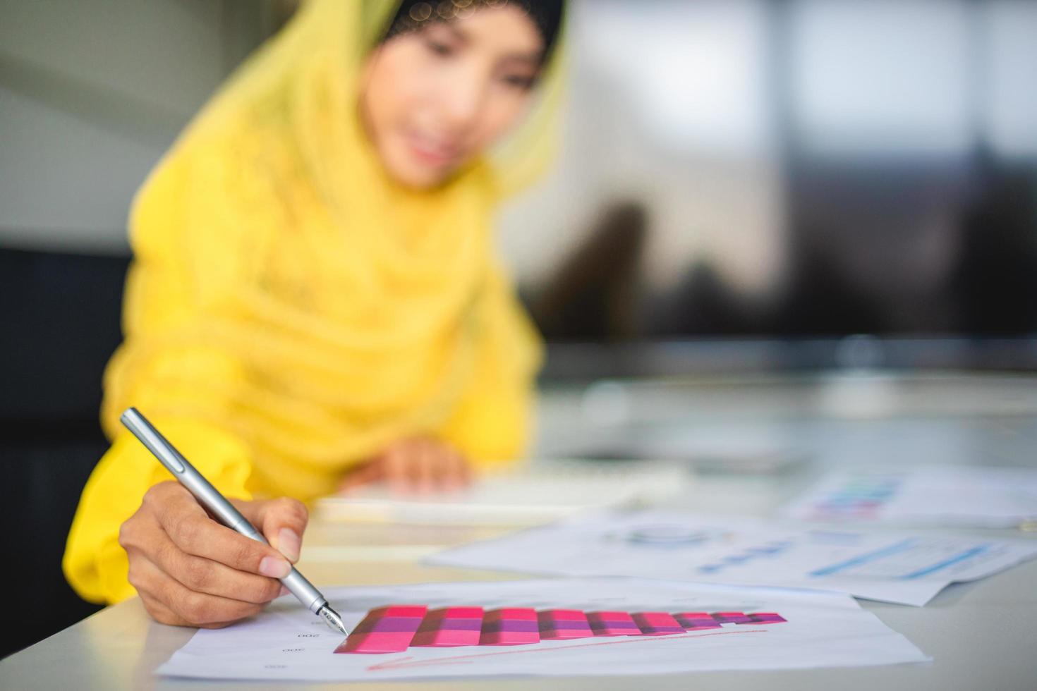 documenti di analisi delle donne d'affari musulmane sul tavolo dell'ufficio e hanno un diagramma finanziario grafico che lavora in background foto