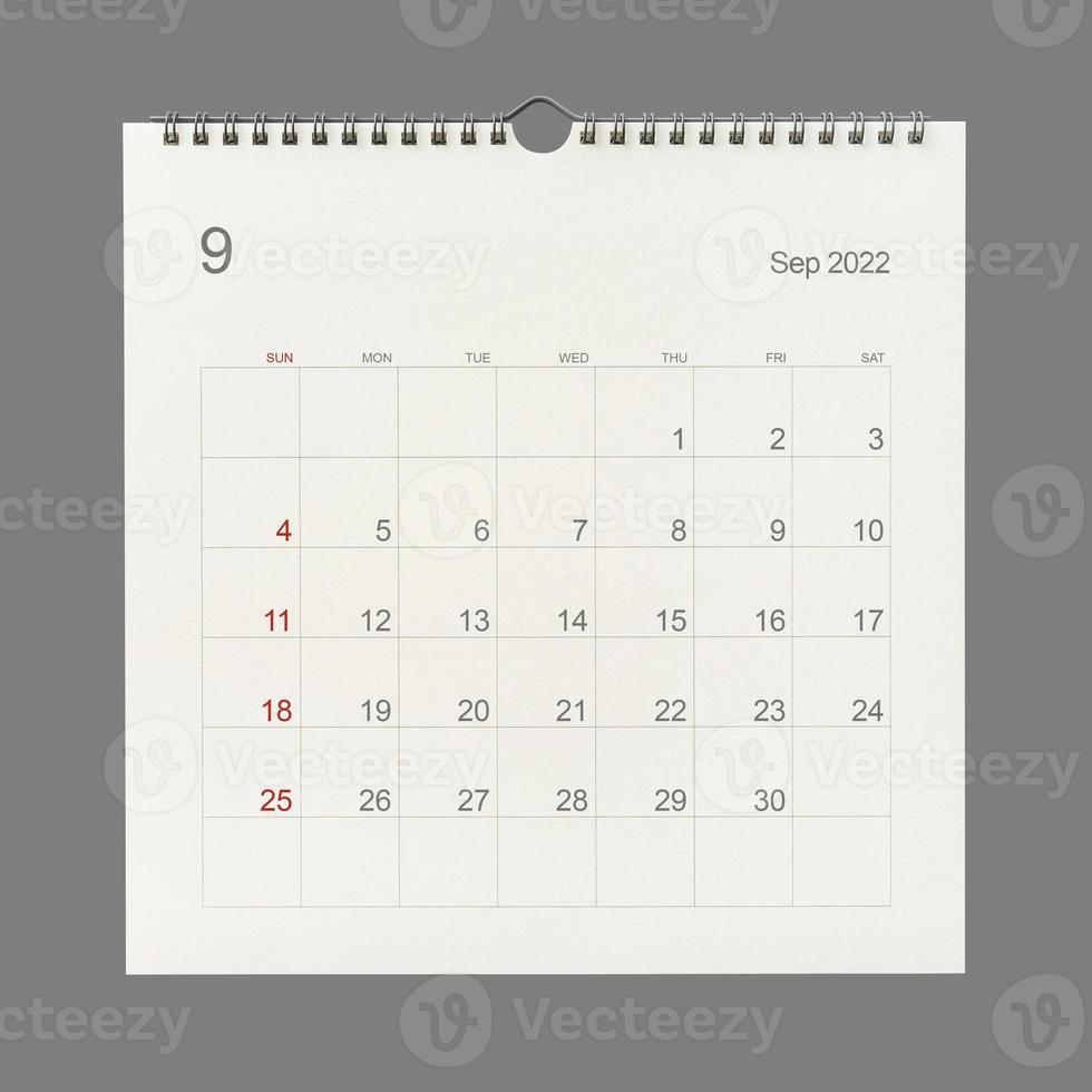 pagina del calendario di settembre 2022 su sfondo bianco. sfondo del calendario per promemoria, pianificazione aziendale, appuntamento e evento. foto