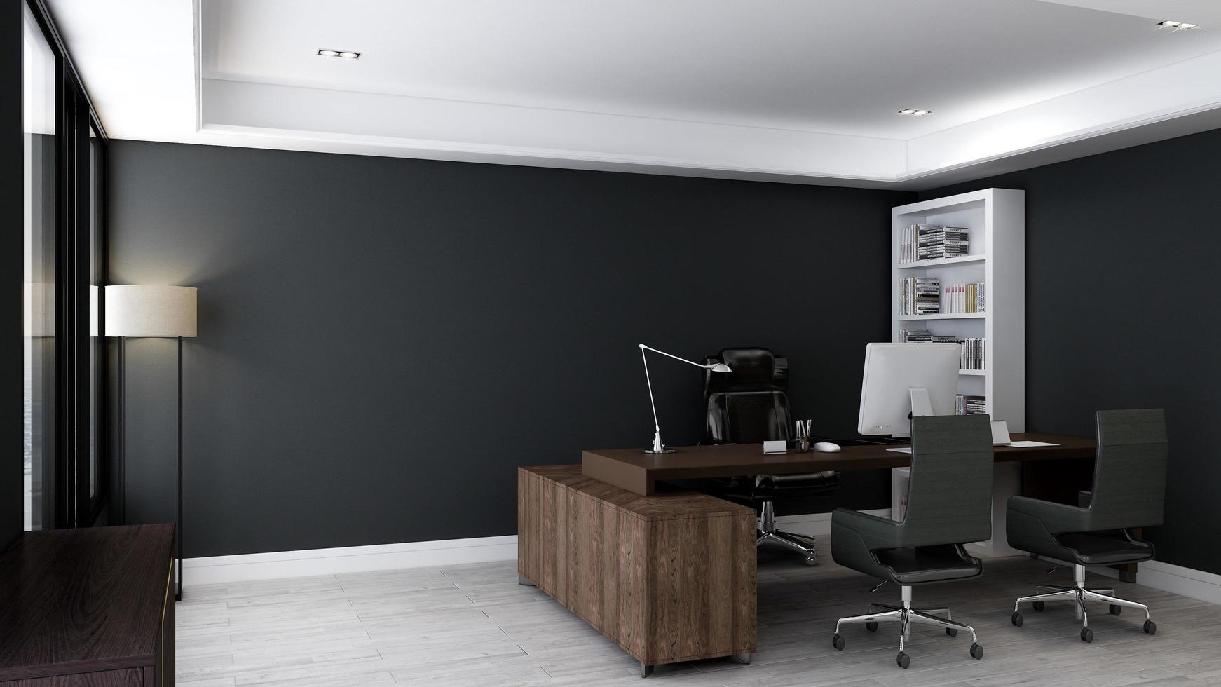3d rendono la stanza minimalista dell'ufficio con interni di design in legno foto
