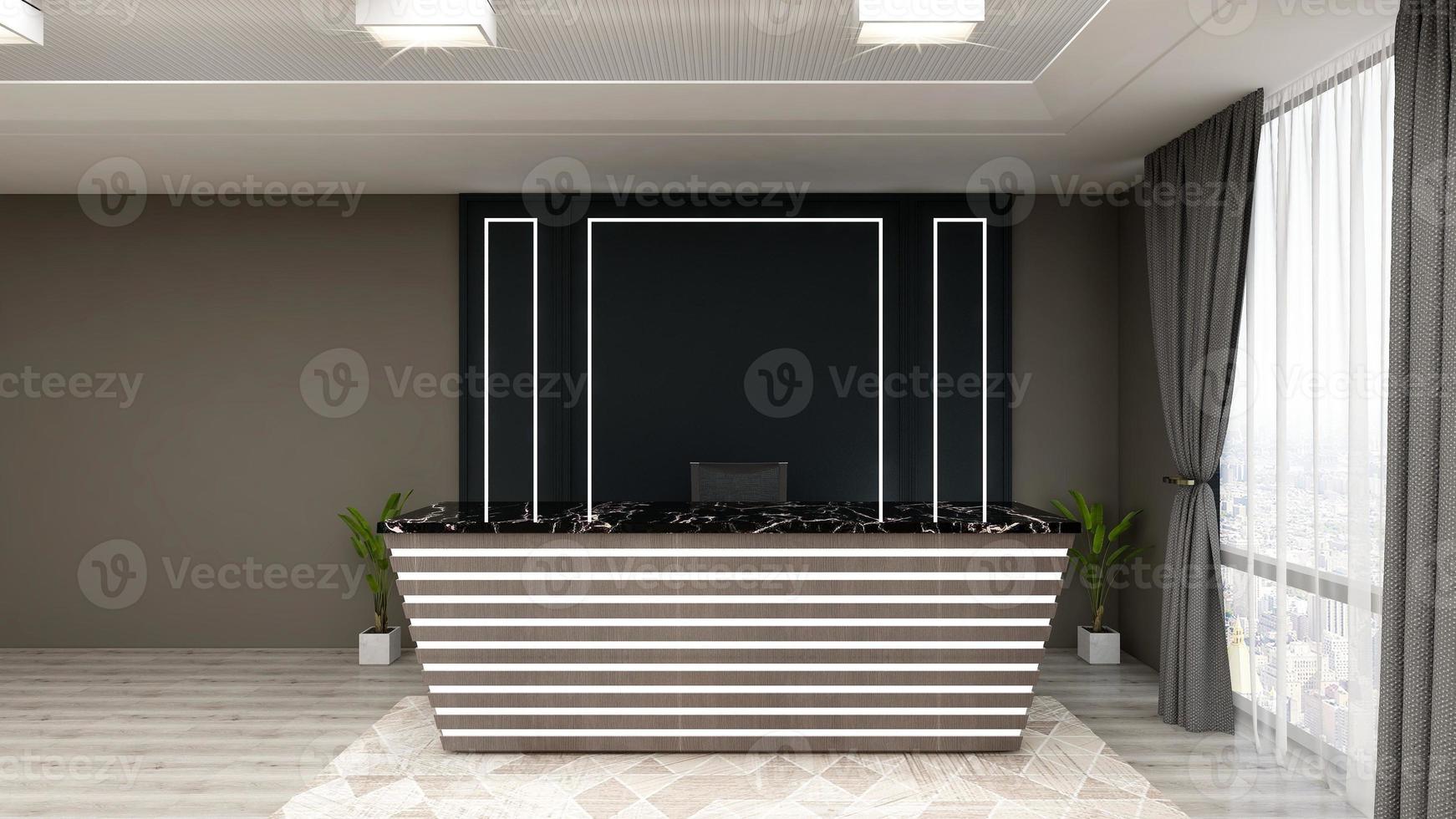 Rendering 3d moderno reception in legno o mockup di reception foto