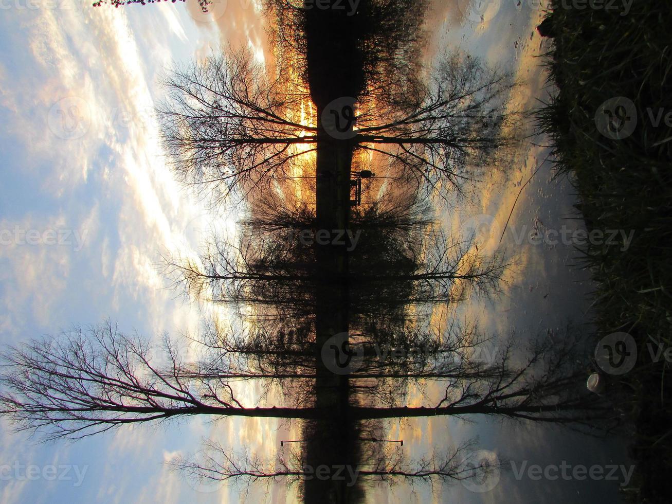 lago con riflesso speculare sulla superficie dell'acqua degli alberi spogli circostanti nella foresta bulgara. foto