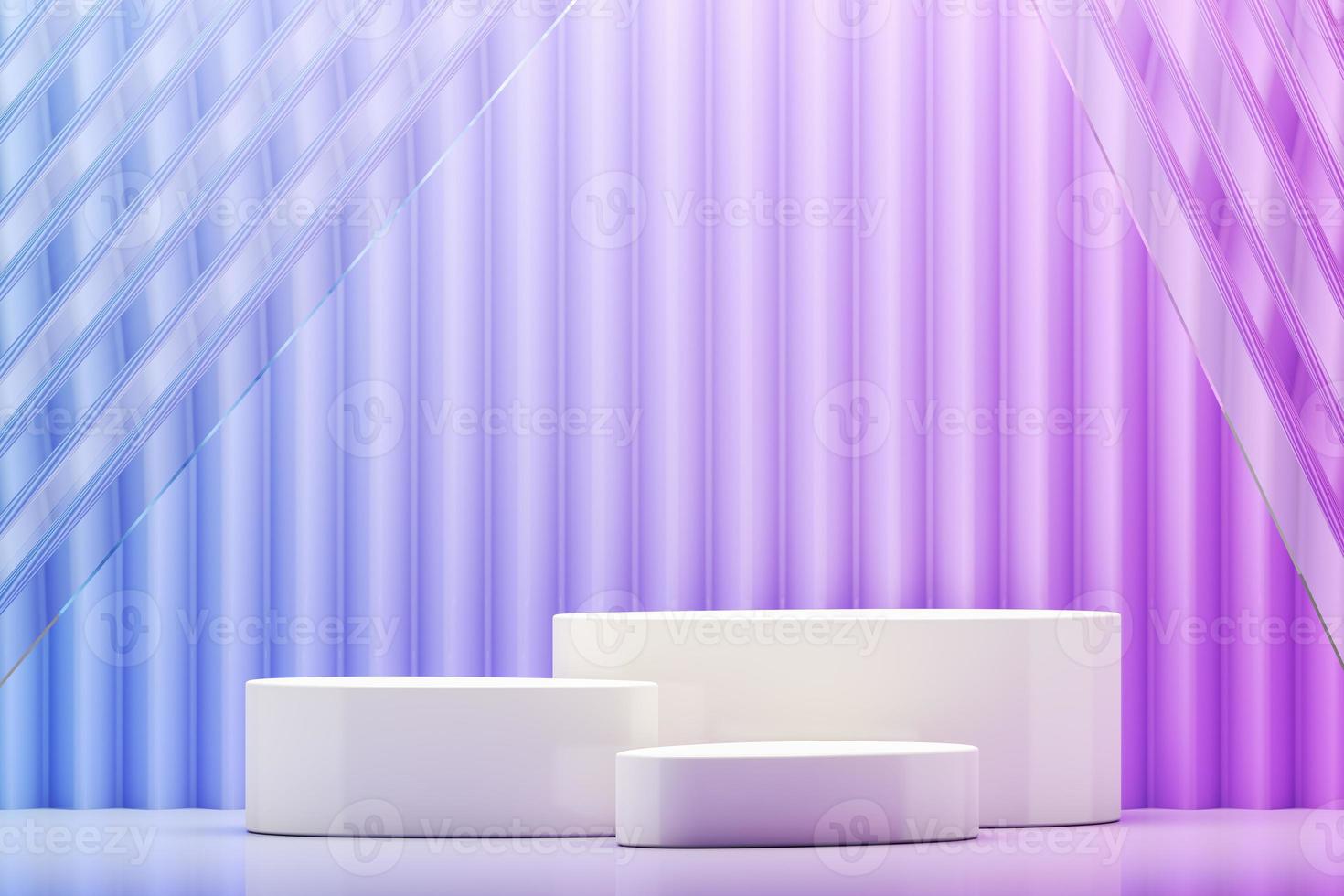 piattaforma bianca a tre su uno sfondo a zigzag sfumato blu e viola, sfondo astratto per il branding o la presentazione. rendering 3D foto