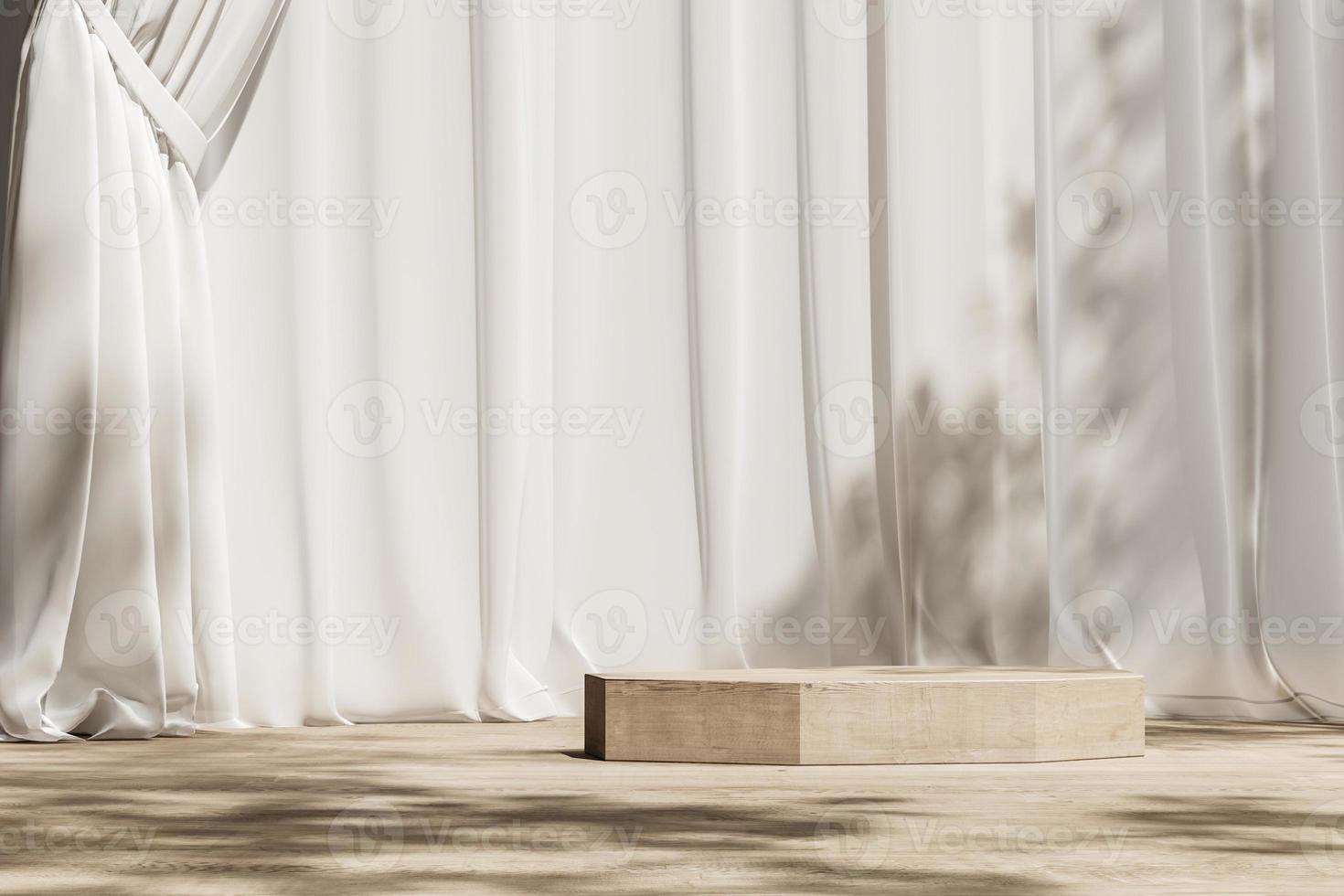 piattaforma in legno su tenda in legno e bianco, ombrellone e ombra di alberi sullo sfondo. sfondo astratto per la presentazione di prodotti o annunci. rendering 3D foto