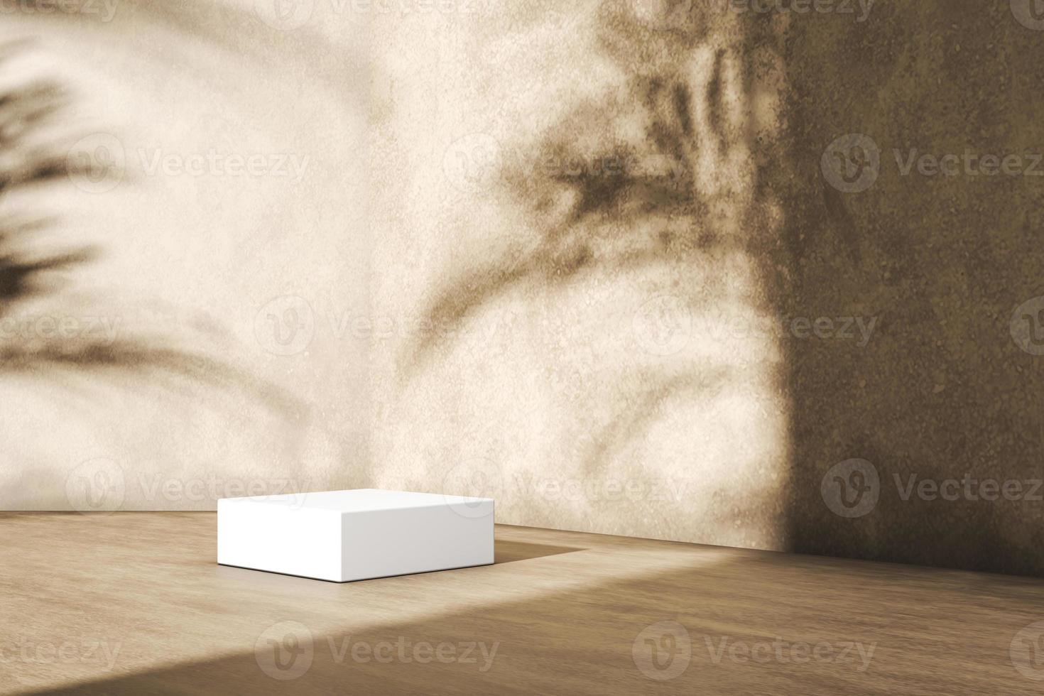 la piattaforma bianca sul pavimento in legno, l'ombra di piante tropicali sullo sfondo, sfondo astratto per la presentazione del prodotto. rendering 3D foto