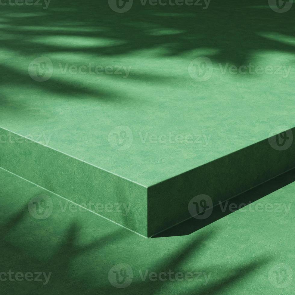 sfondo astratto per la presentazione del prodotto, luce solare e ombra di piante tropicali su piattaforma di cemento verde. rendering 3D foto
