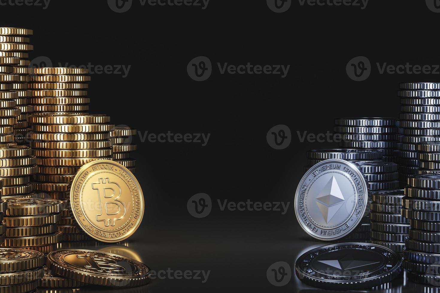 pila di monete di criptovaluta tra bitcoin ed ethereum in una scena nera, moneta di valuta digitale mockup per scopi finanziari, promozione dello scambio di token, scopi pubblicitari foto