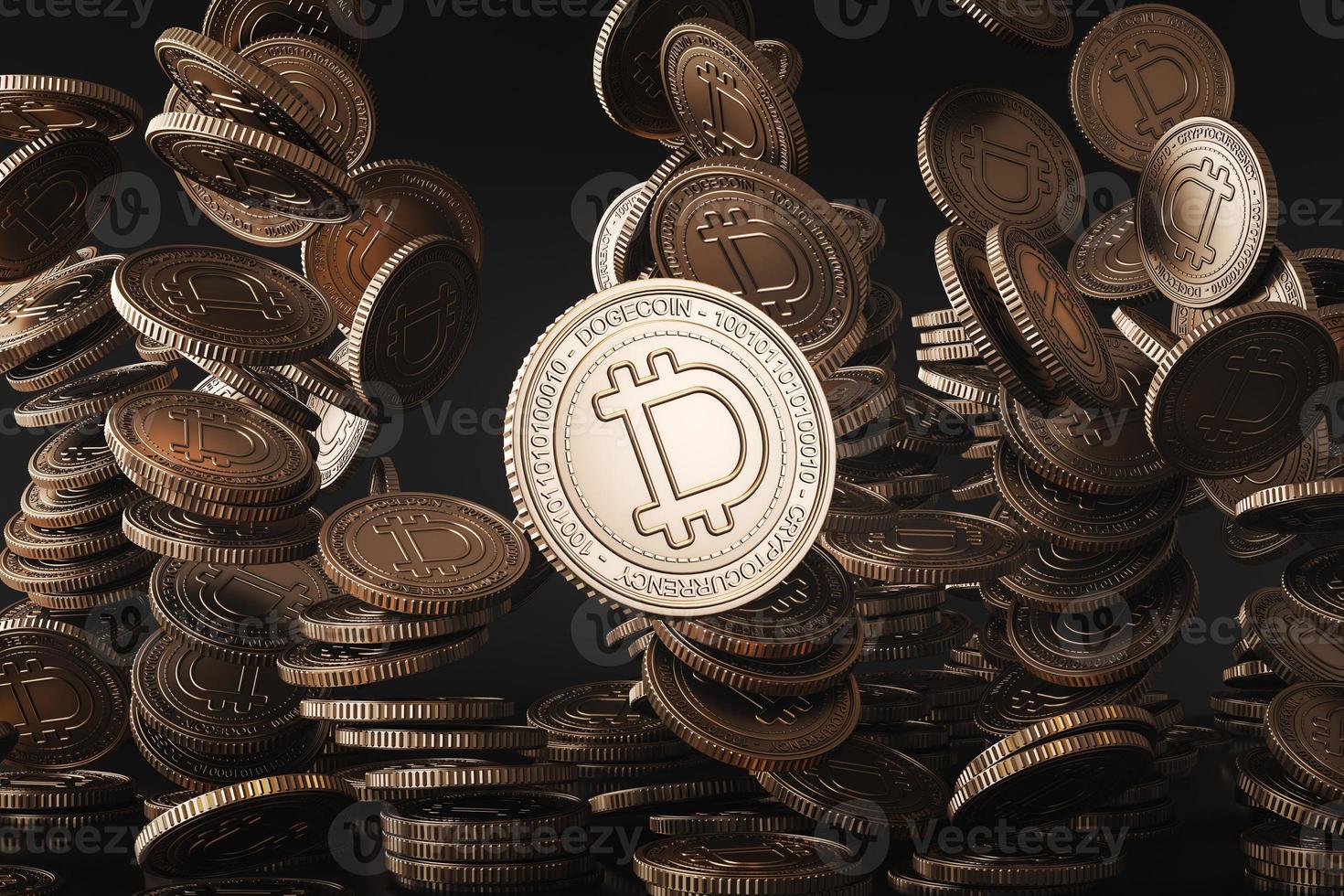 monete d'oro dogecoin che cadono dall'alto nella scena nera, moneta di valuta digitale mockup per scopi finanziari, promozione dello scambio di token, scopi pubblicitari foto