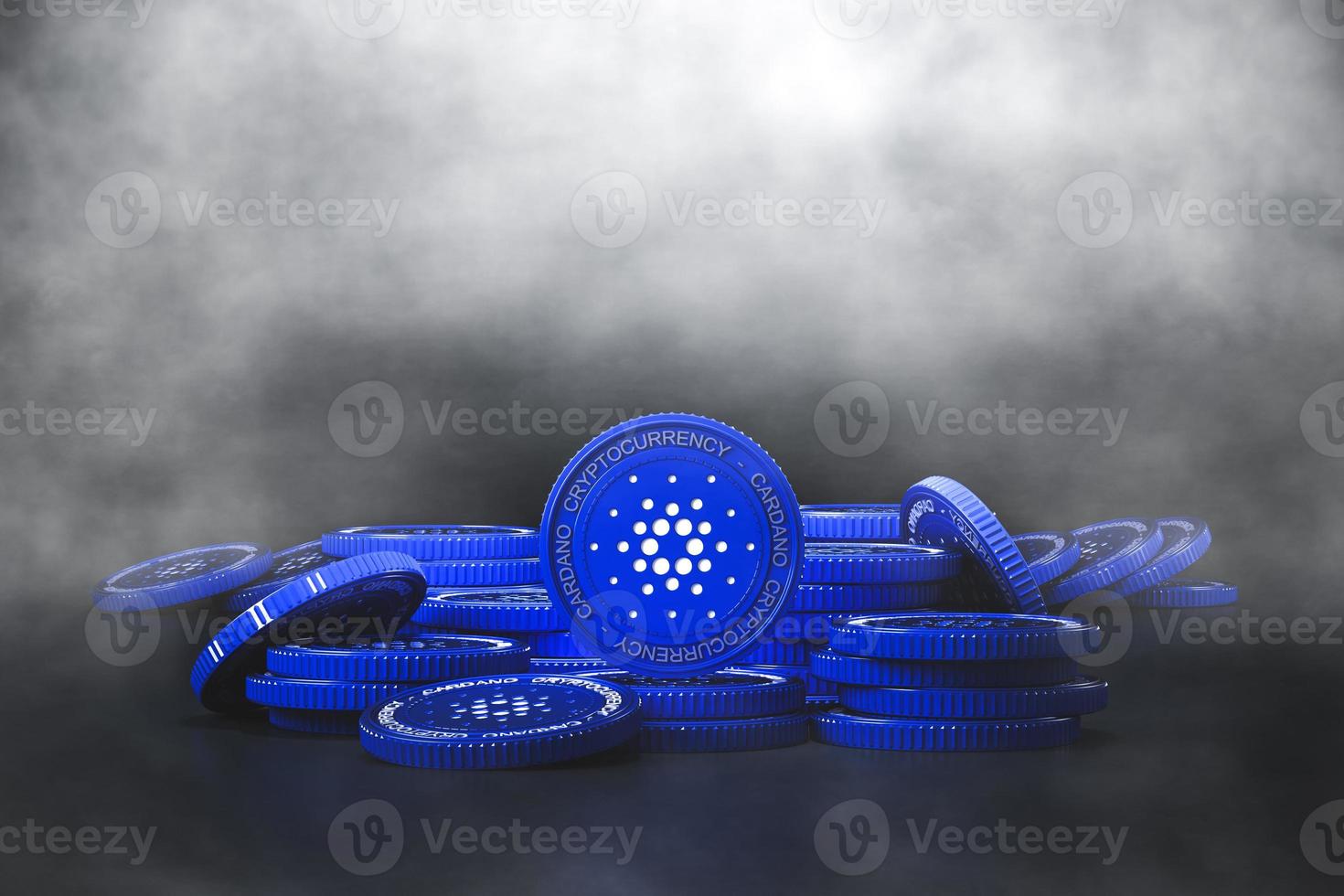 mucchio mockup di moneta cardano blu con tosse fredda. per il mercato delle criptovalute, la promozione dello scambio di token, lo scopo pubblicitario. rendering 3D foto