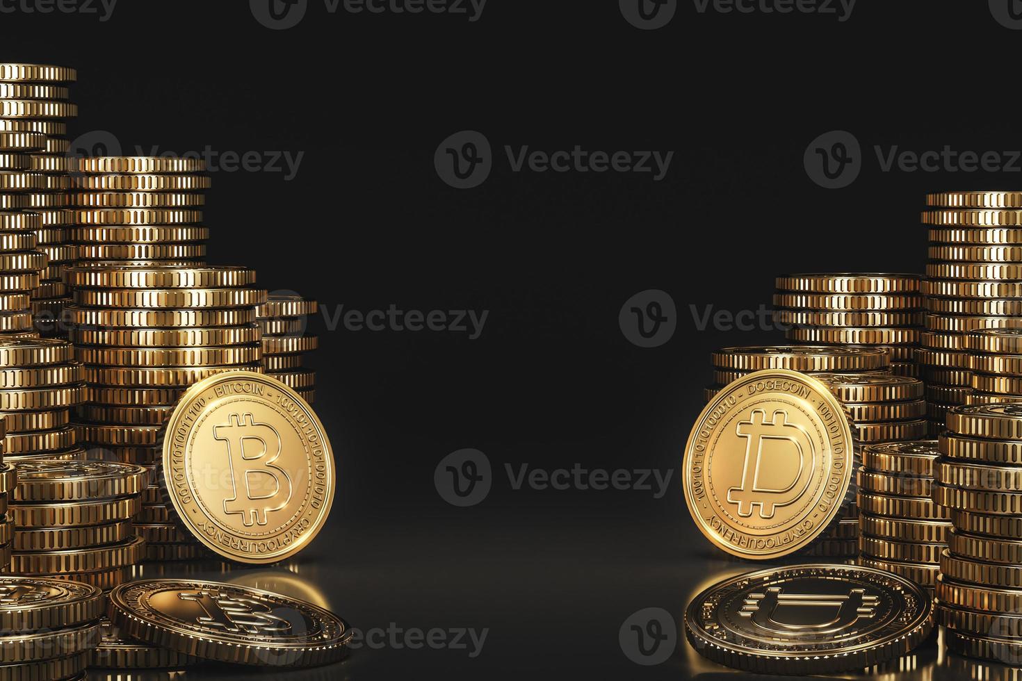 pila di monete di criptovaluta tra bitcoin e dogecoin in una scena nera, moneta di valuta digitale mockup per scopi finanziari, promozione dello scambio di token, scopi pubblicitari foto